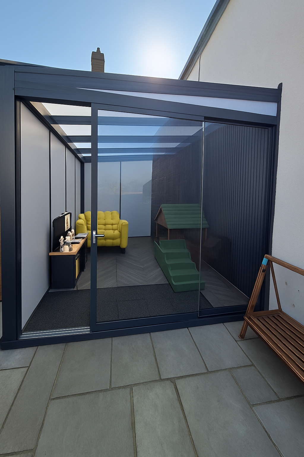 dark grey Bosco garden room against a clean and new cream wall. With DePonti Fiano glazing to the front and opal walls to the side.