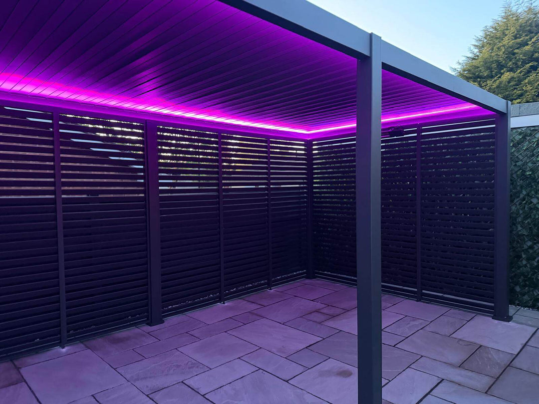 Nova Titan Pergola Installation By Midland Garden Furniture Cannock Chase Stafford, Chase Pergolas. Video of under the Pergola with with purple LED lighting the the roof louvers opening and closing and lights changing multiple colours.