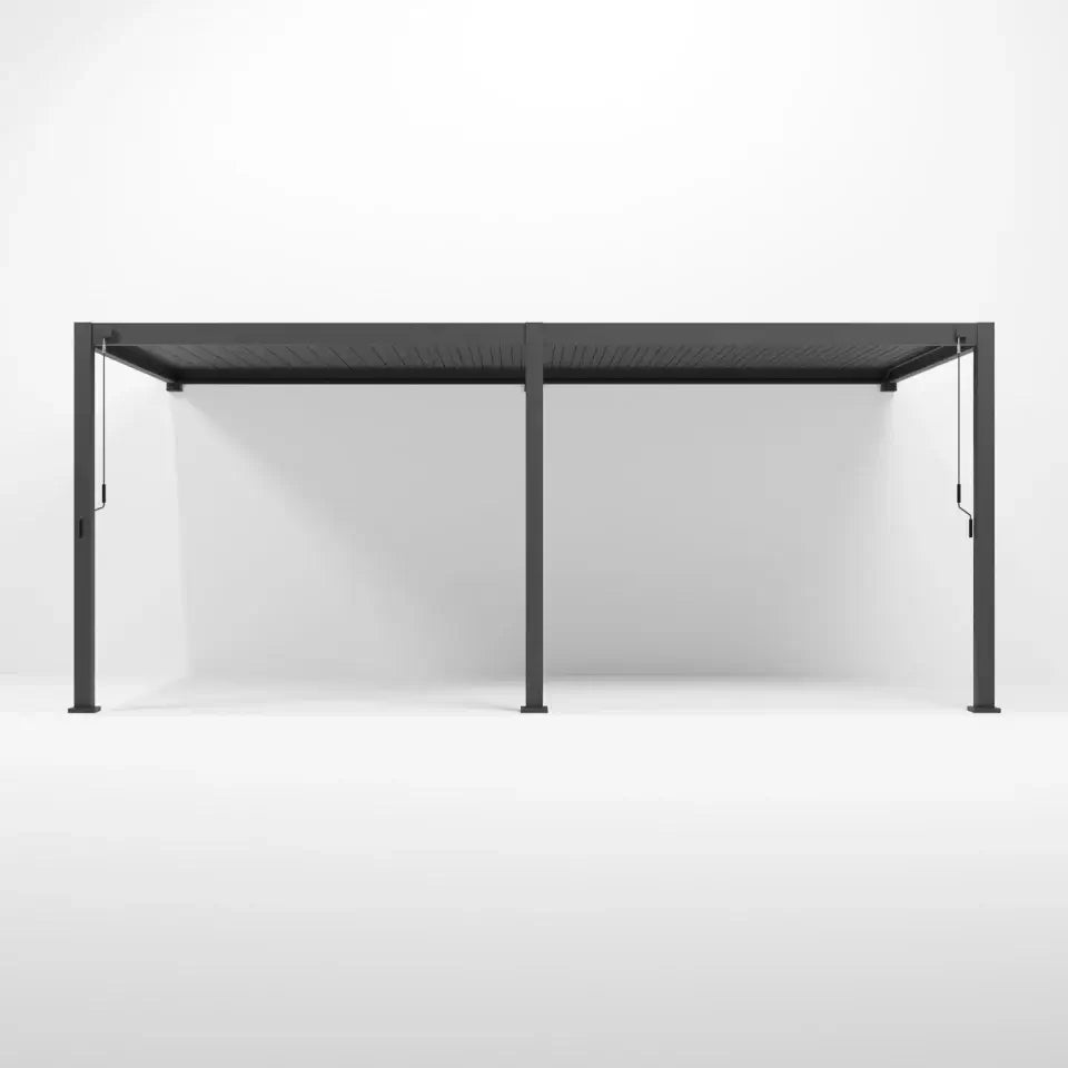 Wall mounted Titan pergola, Aluminium dark grey with dark grey roof against white background wall and white background floor.