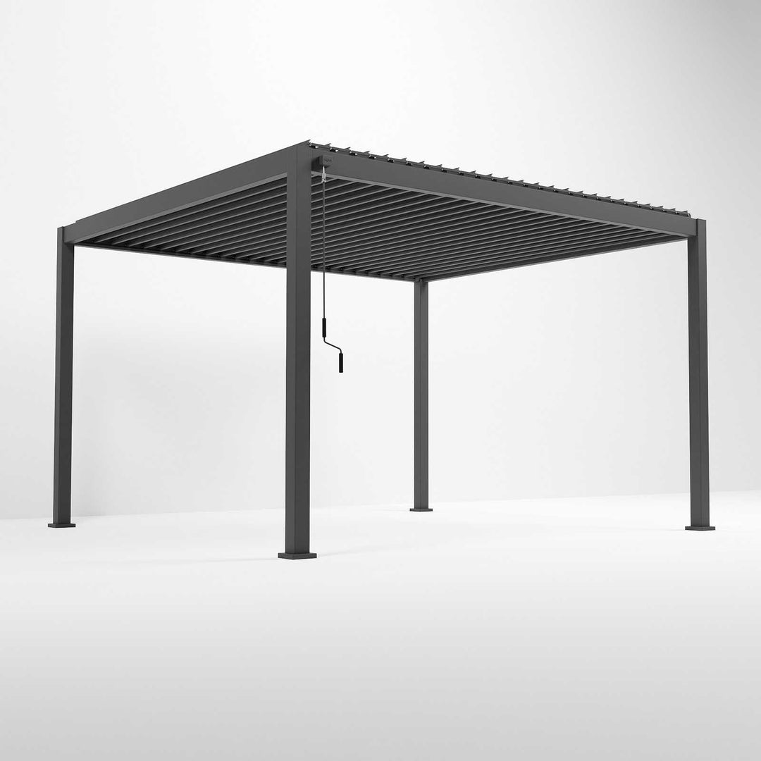 Grey Aluminium Pergola four leg posts and handle for winding the roof louvers, on a white back ground with shade from the roof. 