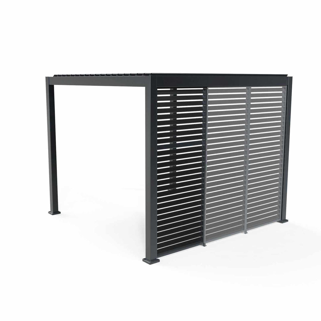 Grey Aluminium Pergola on pure white background, with sections on louvered walls on one side