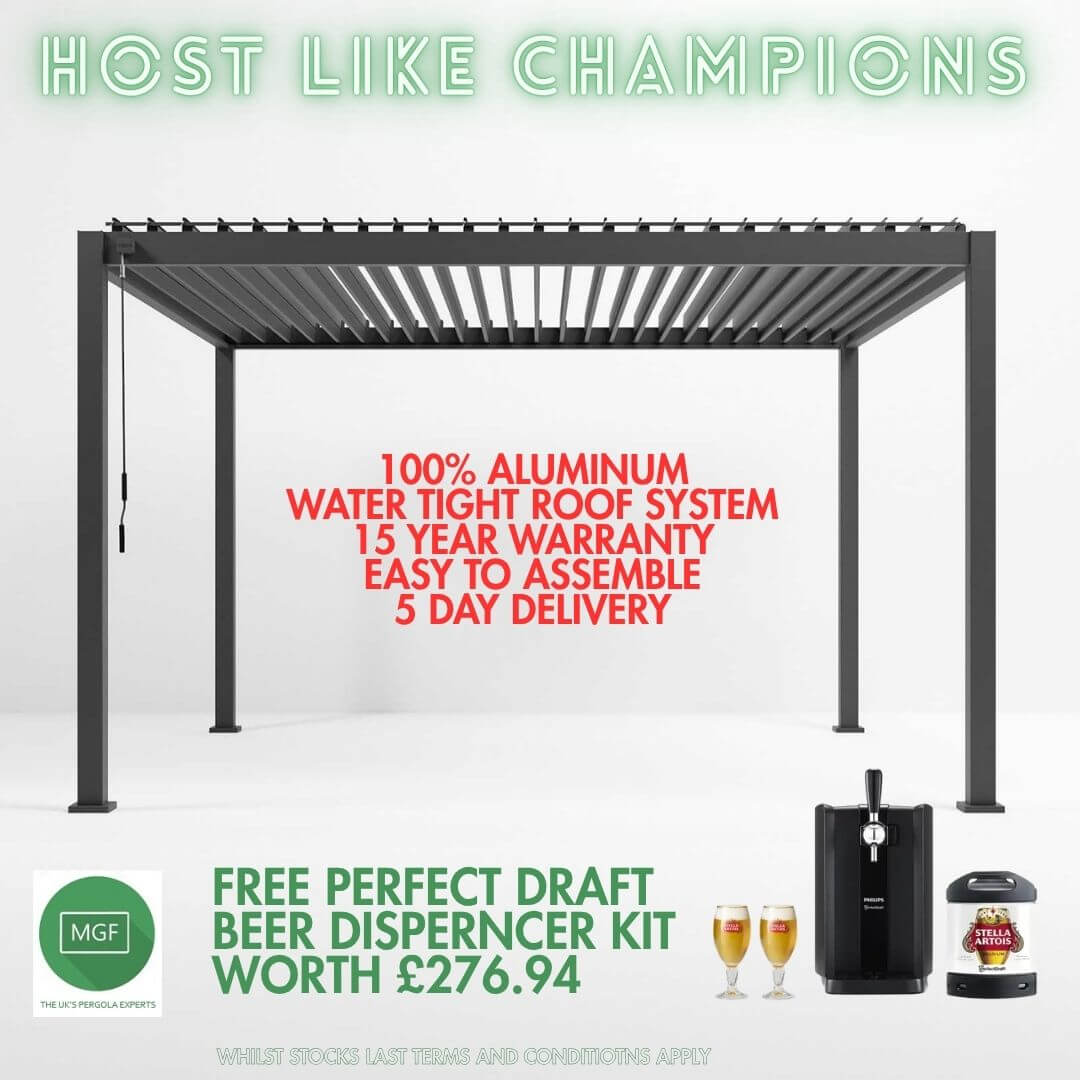 Hanover PARTY PERGOLA 4M x 3M Bioclimatic Aluminium Pergola in Anthracite Grey – Manual Louvred Roof, Inbuilt Water Drainage System & 15-Year Warranty