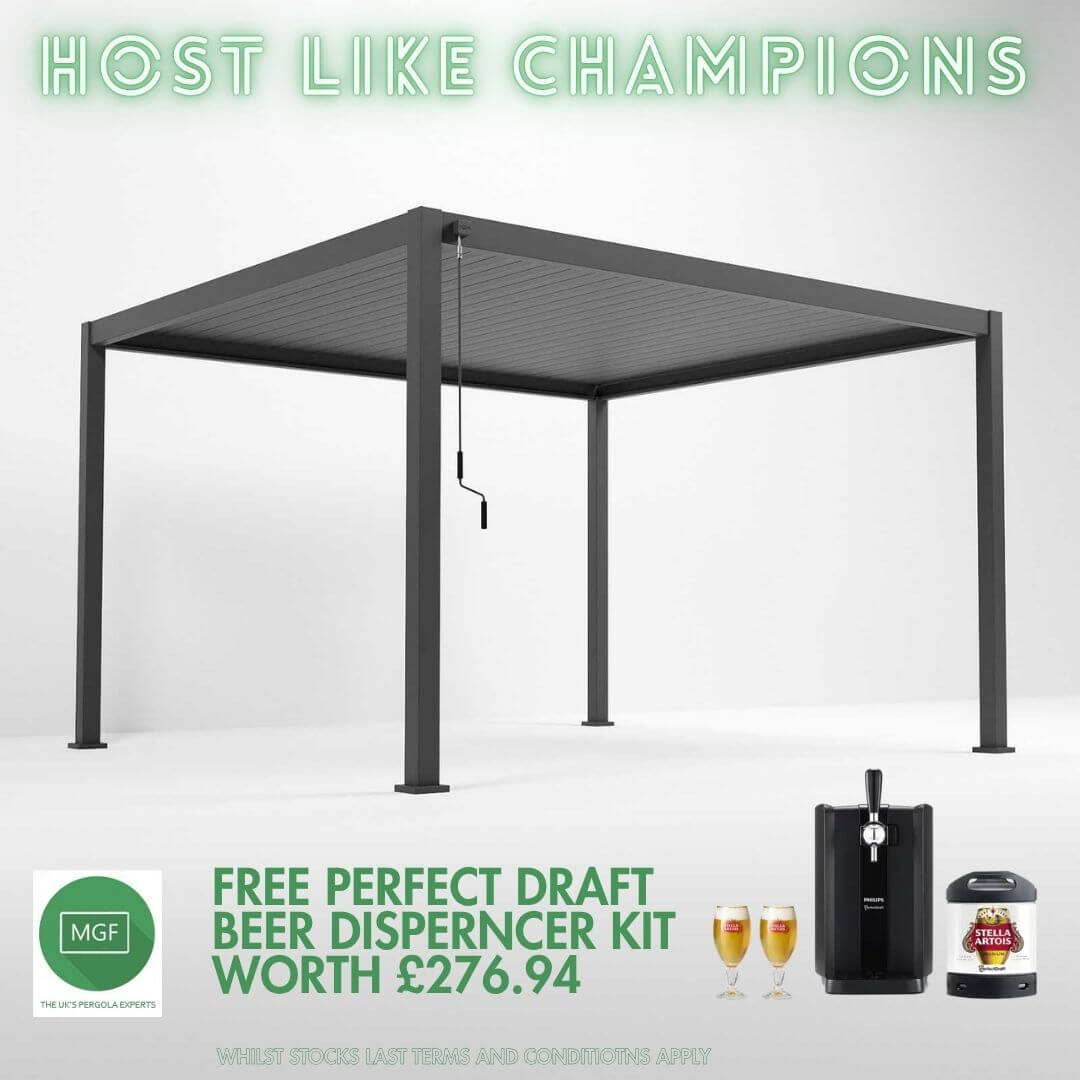 Hanover PARTY PERGOLA 4M x 3M Bioclimatic Aluminium Pergola in Anthracite Grey – Manual Louvred Roof, Inbuilt Water Drainage System & 15-Year Warranty