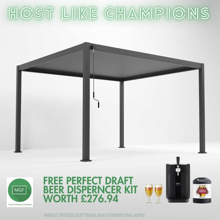 Hanover PARTY PERGOLA 4M x 3M Bioclimatic Aluminium Pergola in Anthracite Grey – Manual Louvred Roof, Inbuilt Water Drainage System & 15-Year Warranty