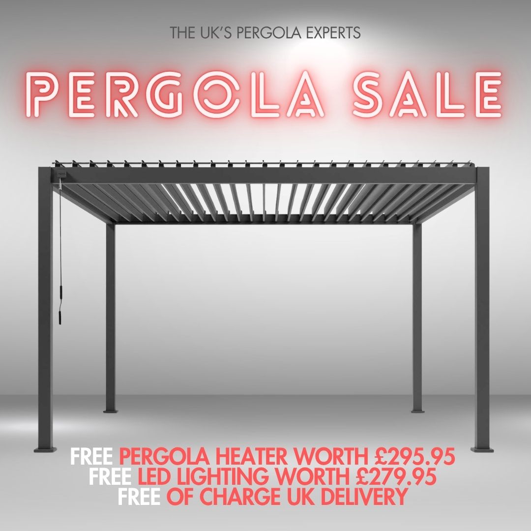 Advertisement for pergola sale with text and a pergola structure on a grey background. Pergola with promotional text about sale, warranty, and free items on a Gray background. Hanover Signature From Midland Garden Furniture. 4M x 3M no discount