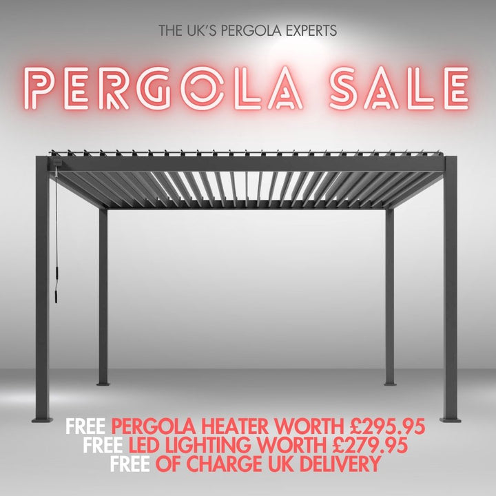 Advertisement for pergola sale with text and a pergola structure on a grey background. Pergola with promotional text about sale, warranty, and free items on a Gray background. Hanover Signature From Midland Garden Furniture. 4M x 3M no discount