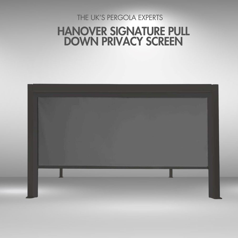 Hanover Signature pull-down privacy screen with branding text on a grey background, with screen pulled 3/4 down.