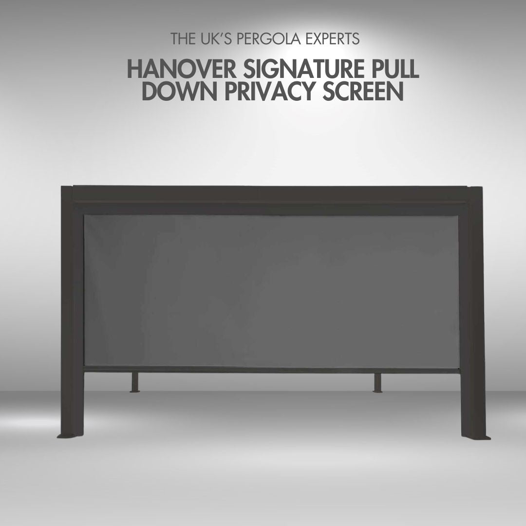 Hanover Signature pull-down privacy screen with branding text on a grey background, with screen pulled 3/4 down.