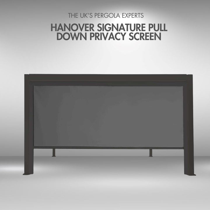 Hanover Signature pull-down privacy screen with branding text on a grey background, with screen pulled 3/4 down.