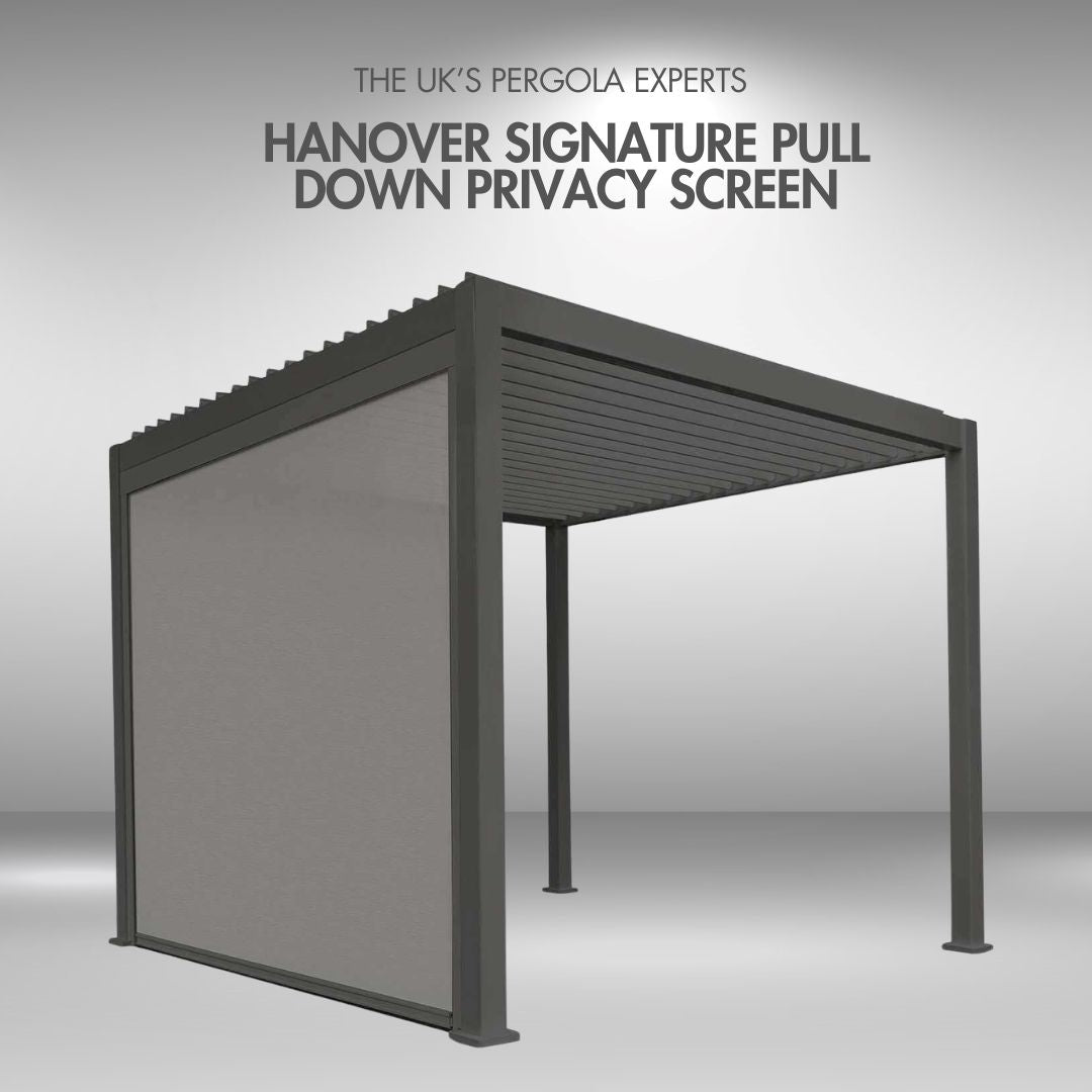 Hanover Signature pull-down privacy screen pergola on a grey background ide on view with screen full down,