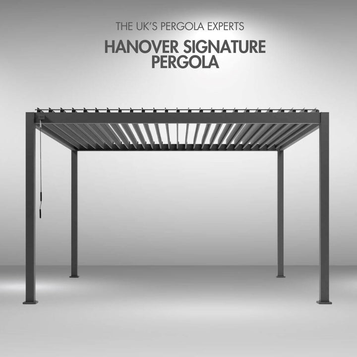 Hanover Signature pergola with 'The UK's Pergola Experts' text on a grey background front view louvers open
