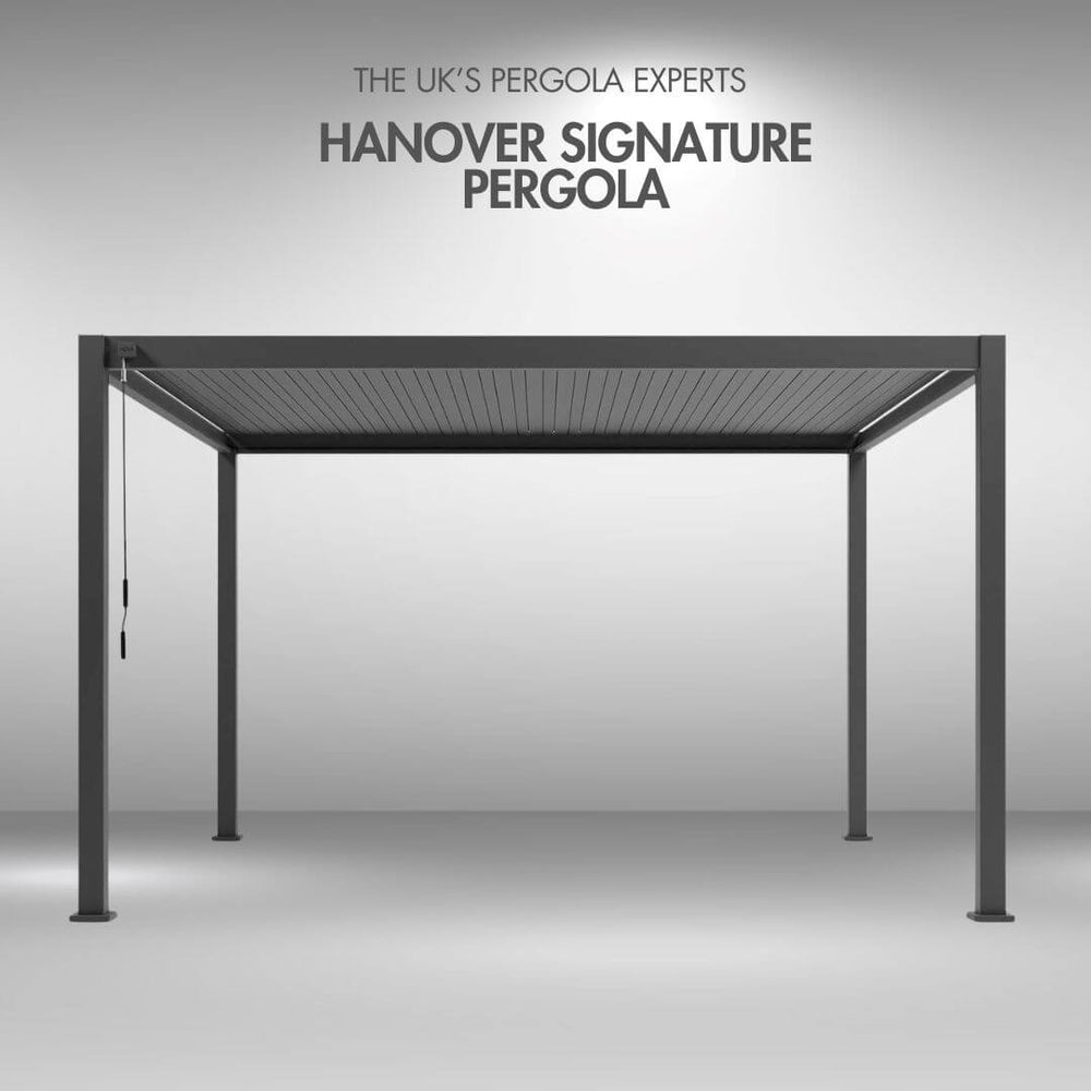 Hanover Signature pergola with text 'The UK's Pergola Experts' on a grey background front view louvers closed 4M x 3M