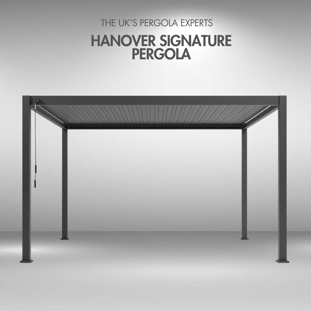 Hanover Signature pergola with text 'The UK's Pergola Experts' on a grey background front view louvers closed 4M x 3M