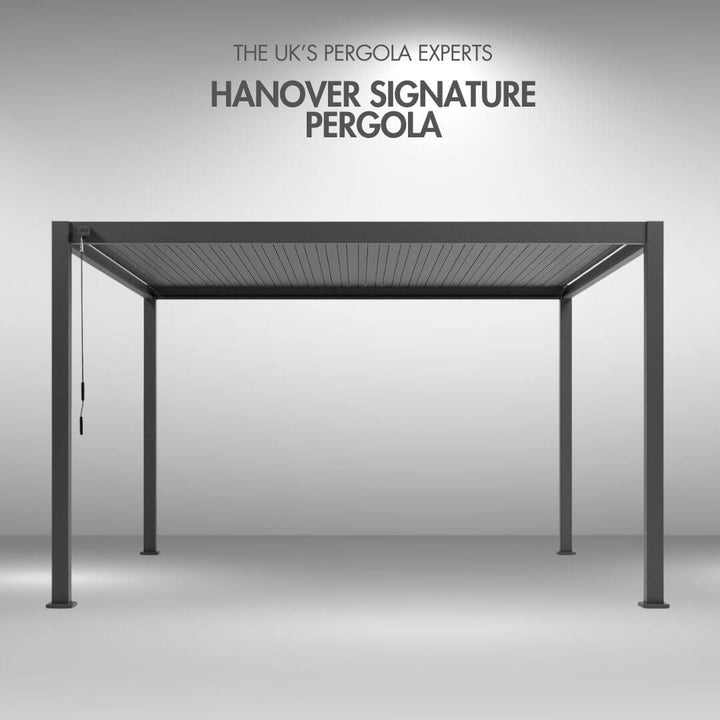 Hanover Signature pergola with text 'The UK's Pergola Experts' on a grey background front view louvers closed 4M x 3M