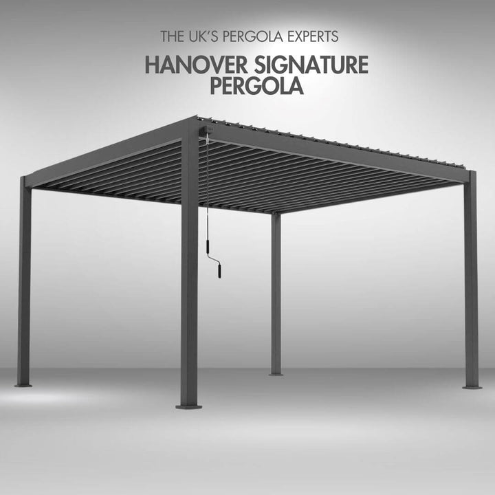 Hanover Signature pergola with text 'The UK's Pergola Experts' on a grey background from side on image
