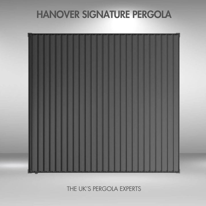 Grey pergola with 'Hanover Signature Pergola' text on a grey background Ariel view louvers closed.