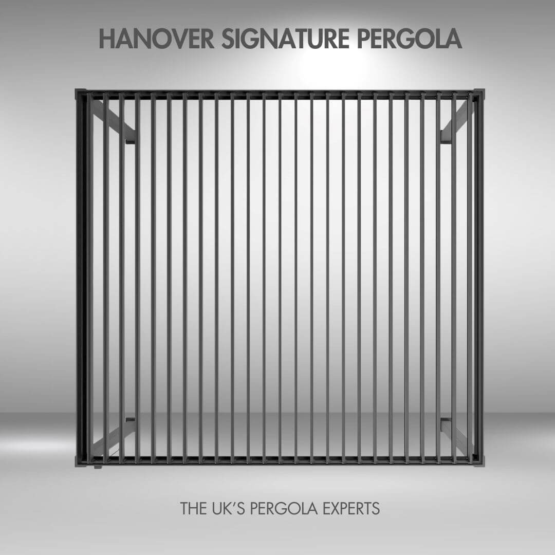 Hanover Signature Pergola on a grey background with branding text. Ariel view louvers open.