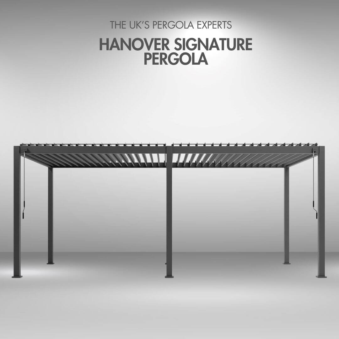 Hanover Signature pergola with 'The UK's Pergola Experts' text on a grey background front view 6M x 3M