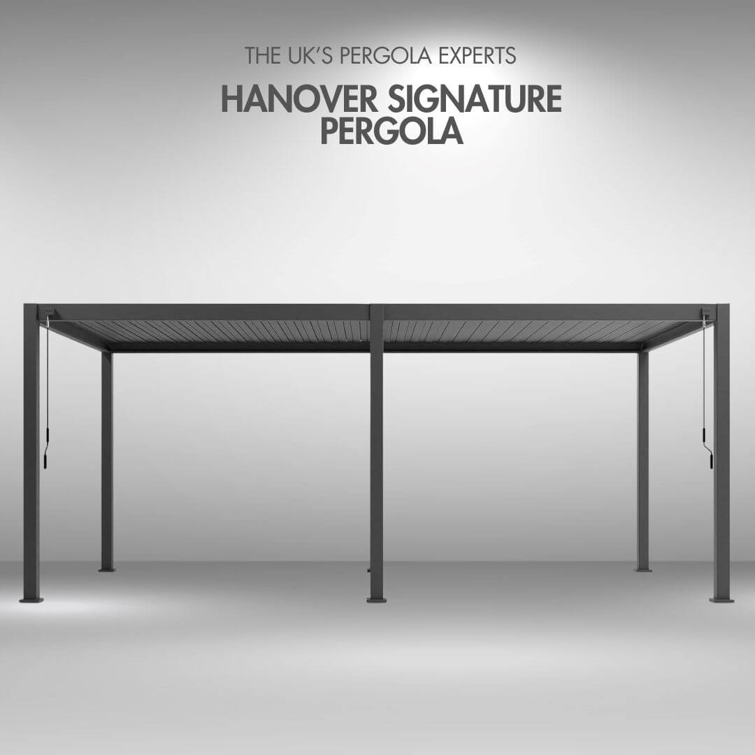 Hanover Signature pergola with a grey background and text indicating it's an expert in pergolas. 6M x 3M louvers closed front view.