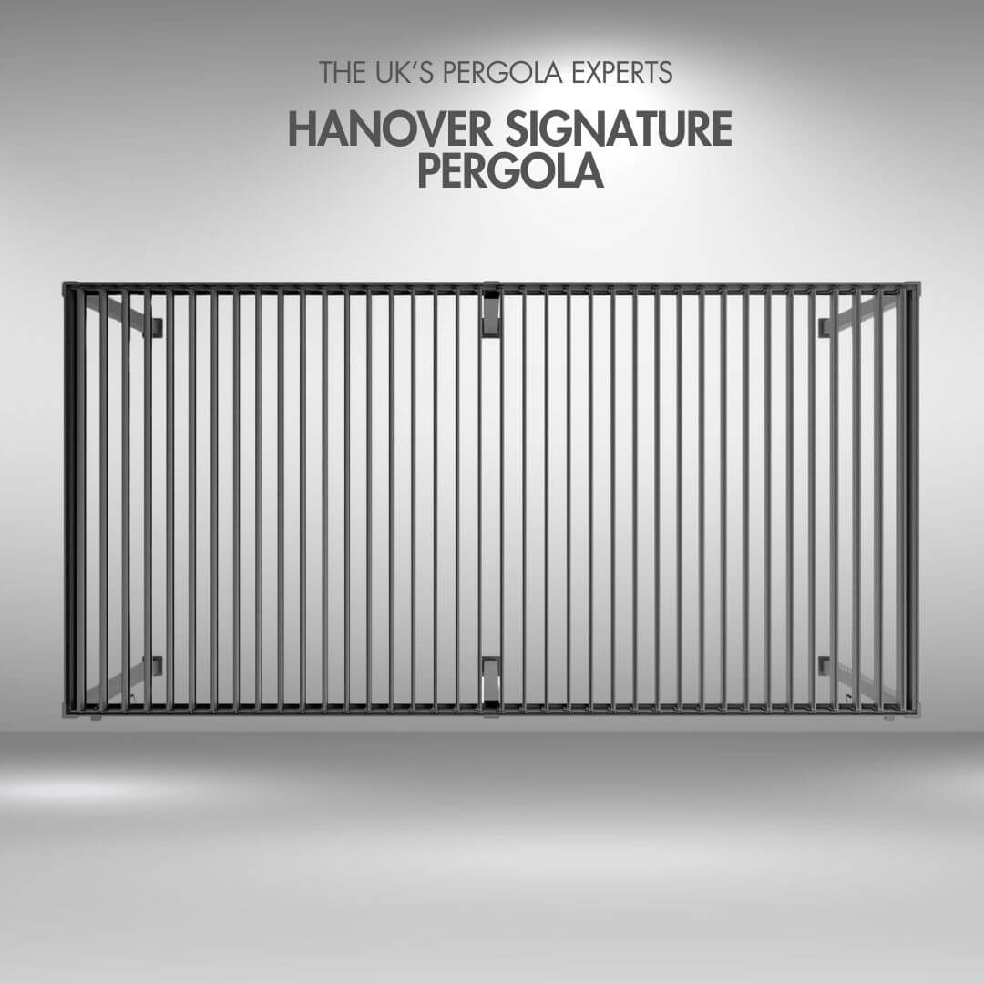 Hanover Signature pergola with 'The UK's Pergola Experts' text on a Grey background. Ariel view louvers open.