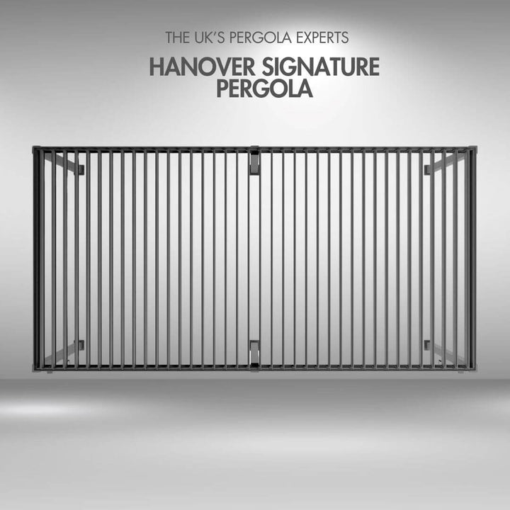 Hanover Signature pergola with 'The UK's Pergola Experts' text on a Grey background. Ariel view louvers open.
