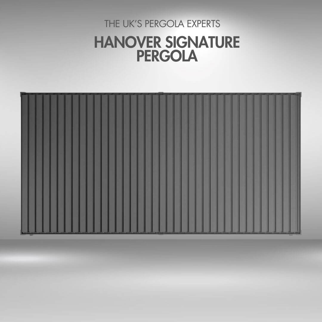 Hanover Signature pergola with text 'The UK's Pergola Experts' on a grey background, Airel  view louvers closed 6M x 3M