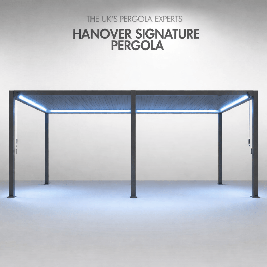 Hanover Signature Pergola 6M X 3M with BLUE LED lighting. On plain dark smoked back ground.