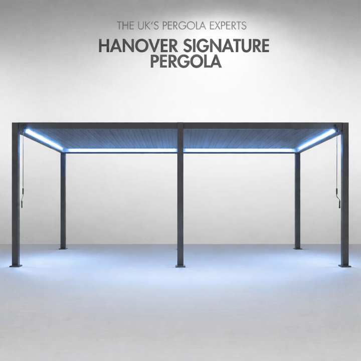 Hanover Signature Pergola 6M X 3M with BLUE LED lighting. On plain dark smoked back ground.