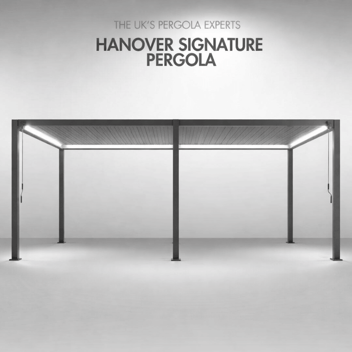 Hanover Signature Pergola 6M X 3M with white LED lighting. On plain dark smoked back ground.
