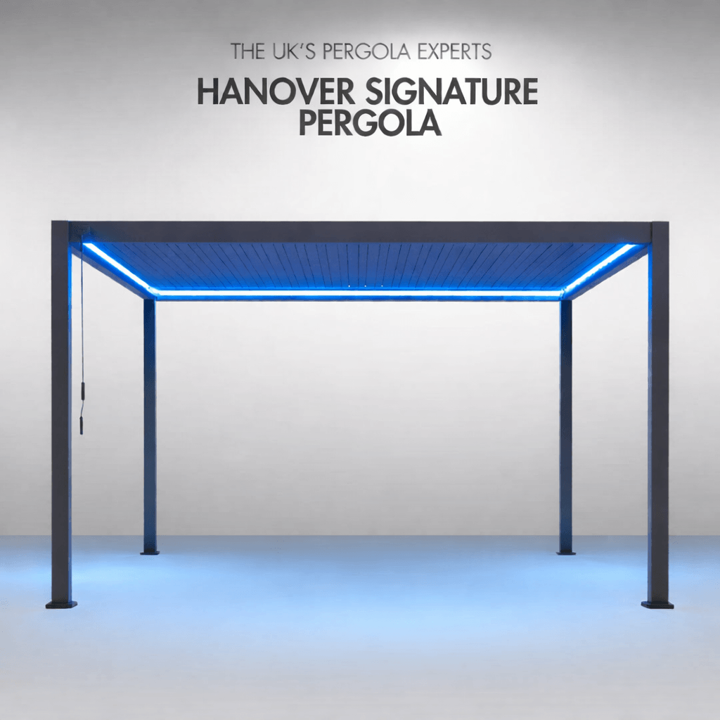 Hanover Signature Pergola 4M X 3M with BLUE LED lighting. On plain dark smoked back ground.