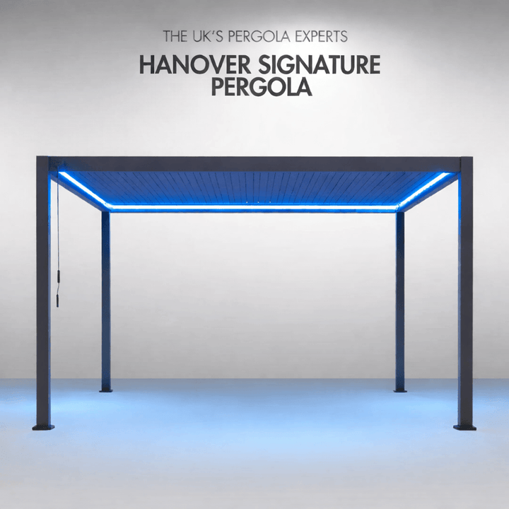 Hanover Signature Pergola 4M X 3M with BLUE LED lighting. On plain dark smoked back ground.