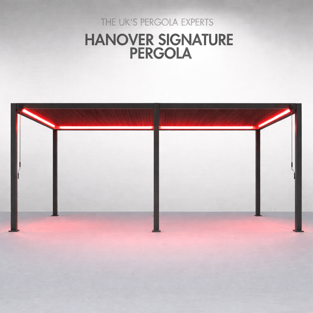 Hanover Signature pergola with red LED lights on a grey background, with red lights reflecting from the floor.
