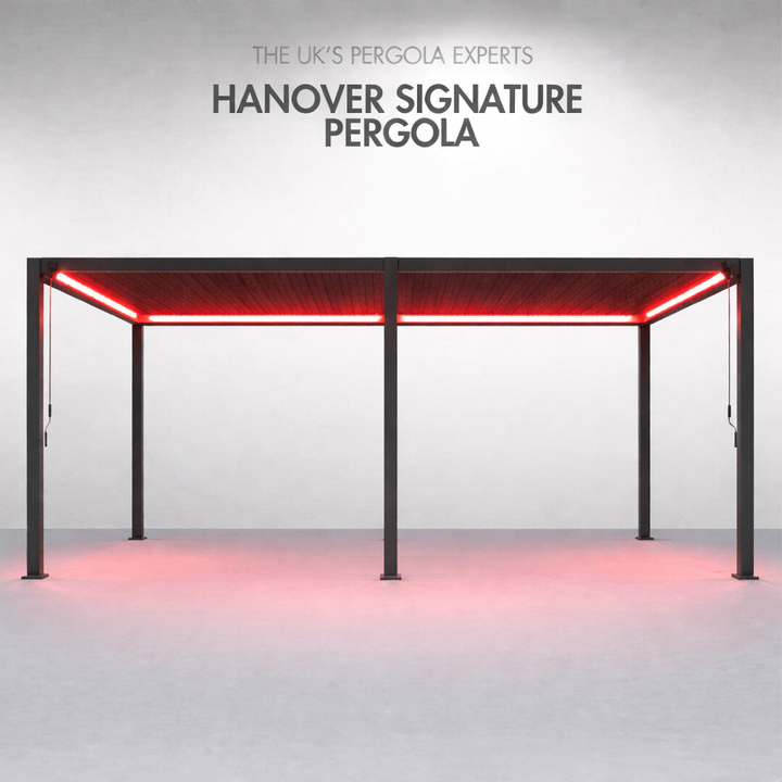 Hanover Signature pergola with red LED lights on a grey background, with red lights reflecting from the floor.