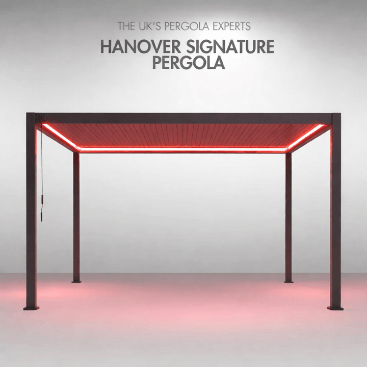 Hanover Signature Pergola 4M X 3M with red LED lighting. On plain dark smoked back ground.