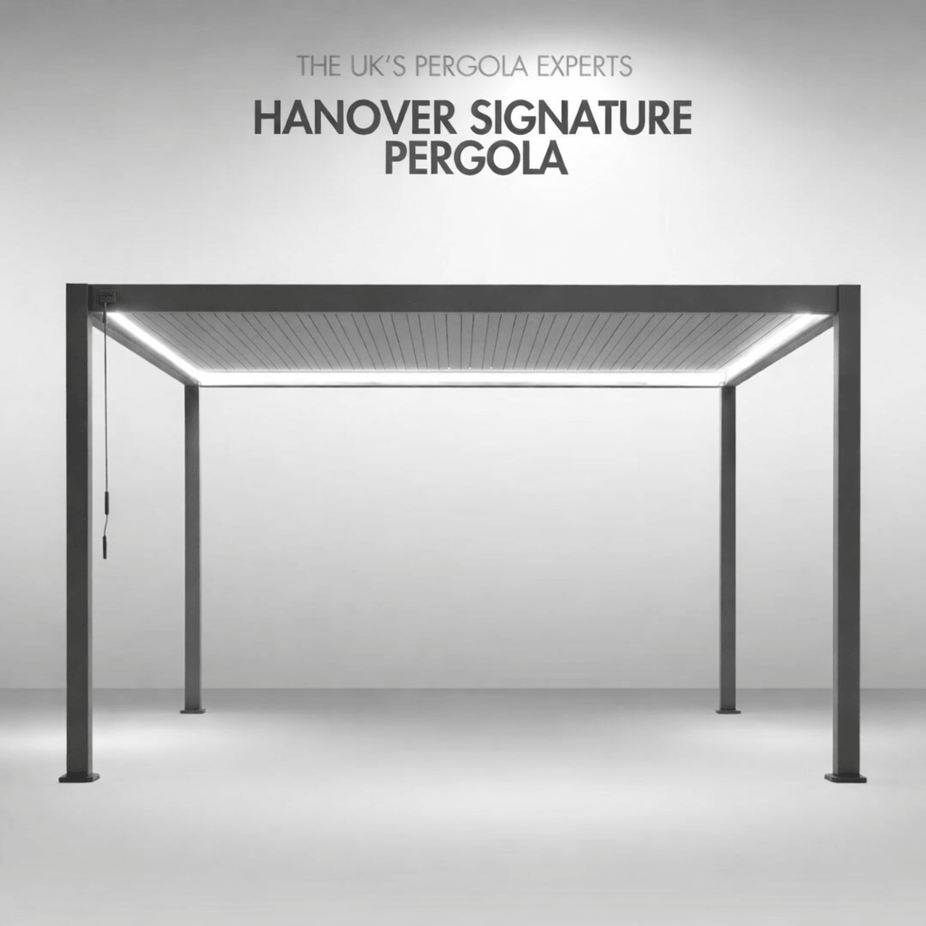 Hanover Signature Pergola 4M X 3M with white LED lighting. On plain dark smoked back ground.