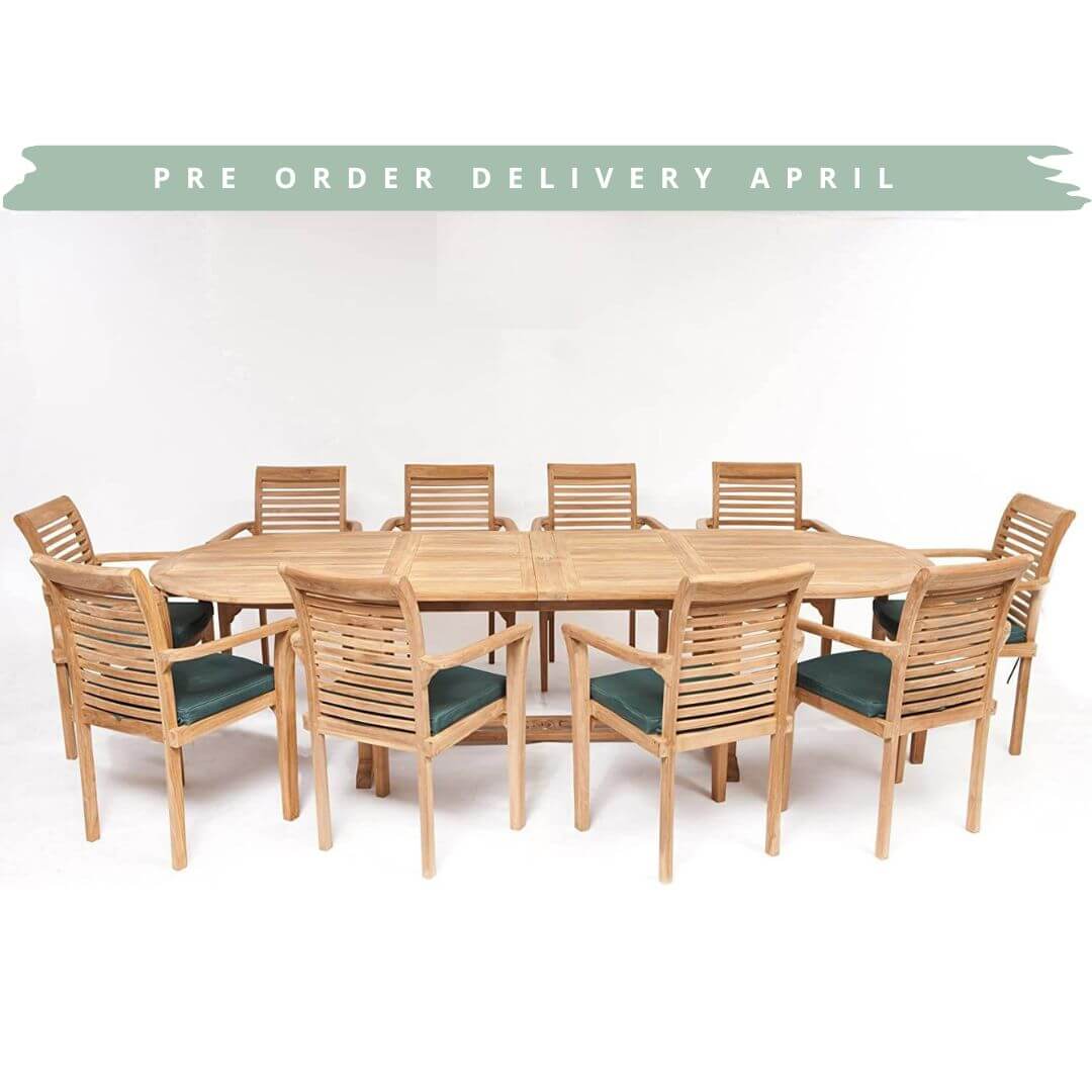 Hanover Teak Wooden outdoor dining set with 10 chairs and extending oval table on a white background from Midland Garden Furniture pre order