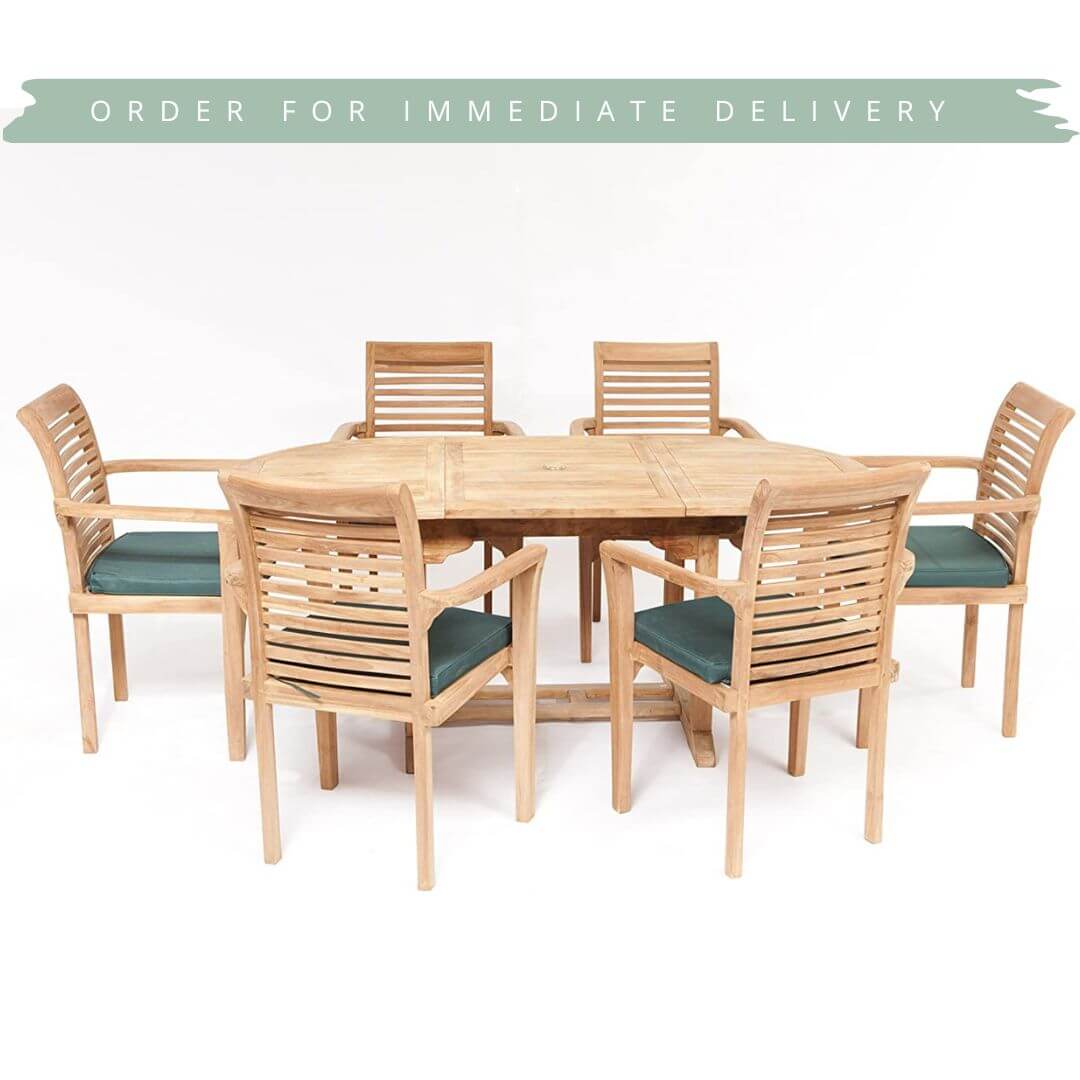 Hanover Teak Wooden outdoor dining set with 8 chairs and extending oval table on a white background from Midland Garden Furniture