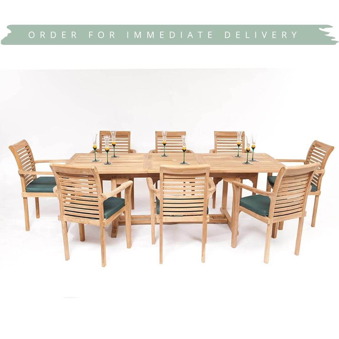 Hanover Teak Wooden outdoor dining set with 8 chairs and extending rectangular table on a white background from Midland Garden Furniture