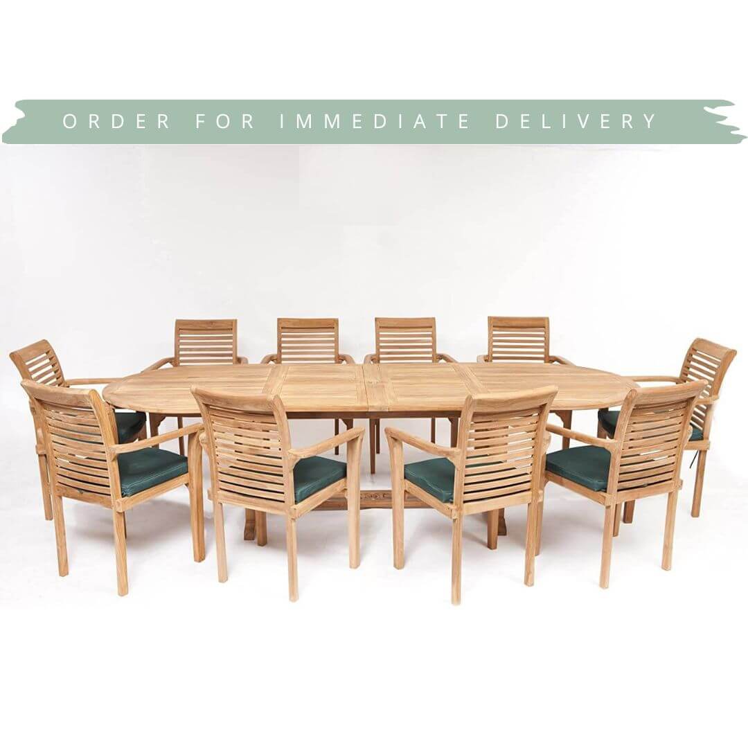 Hanover Teak Wooden outdoor dining set with 10 chairs and extending oval table on a white background from Midland Garden Furniture