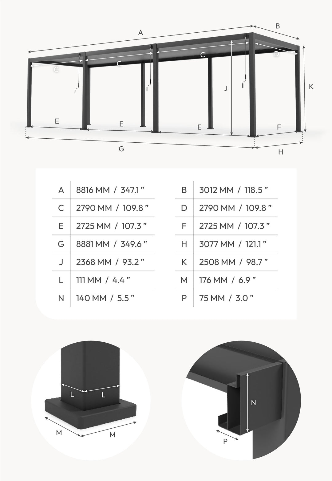 Nova Titan pergola Dimensions chart with 3D Pergola image at the top with dimensions listed below. On plain white background.