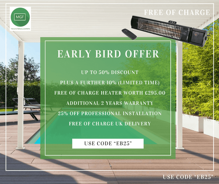 Picture of Nova Titan Pergola by swimming pool on sunny day with promotional text over. up to 50% off, Free Pergola Heater, Free UK Delivery 