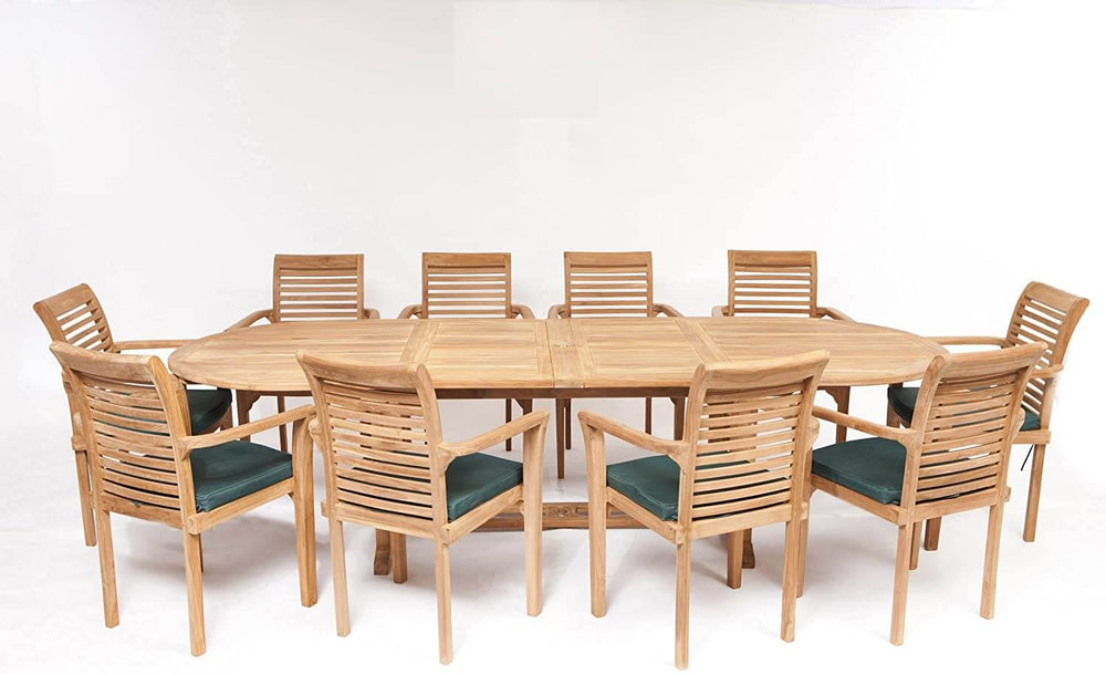 Hanover Teak Wooden outdoor dining set with chairs and green cushions on a white background