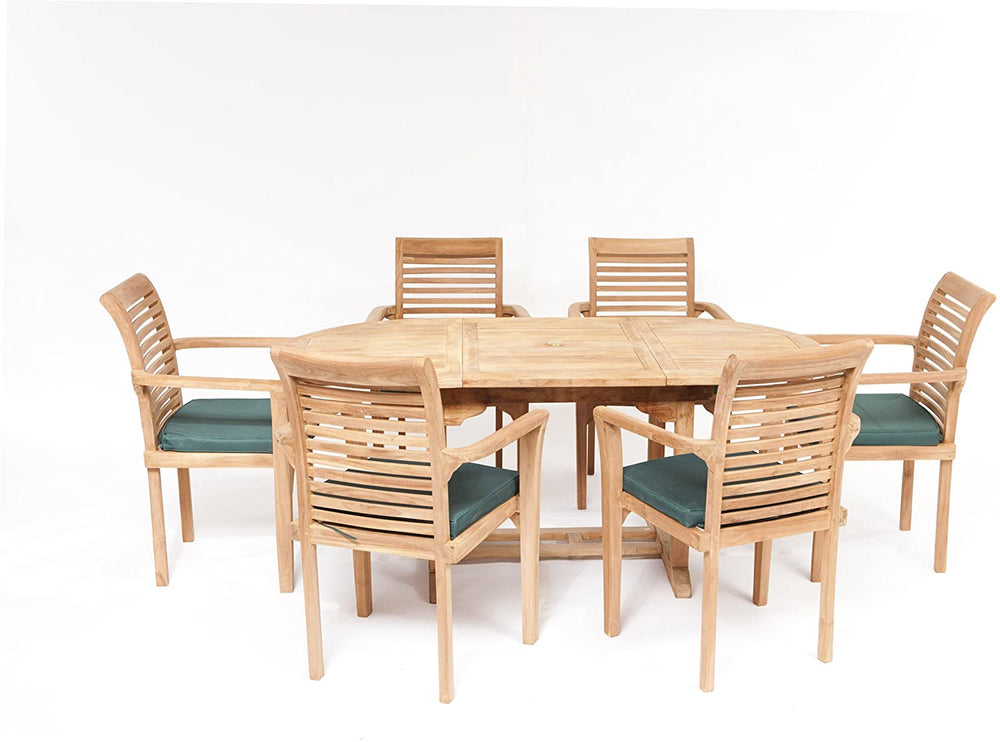 Hanover Teak outdoor dining set with six chairs on a white background