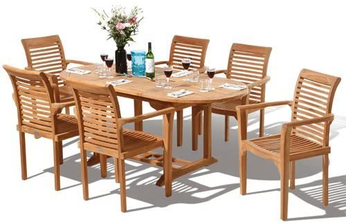 Hanover Teak Wooden outdoor dining set with table and chairs, set for a meal.