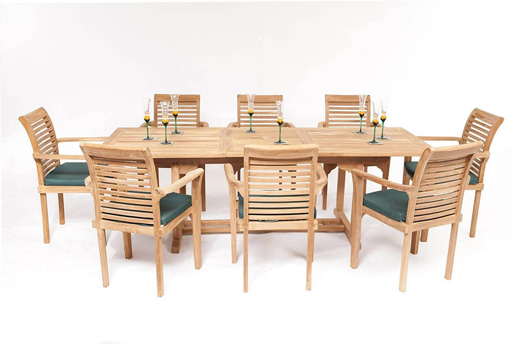 Hanover Teak Wooden dining table with eight matching chairs on a white background