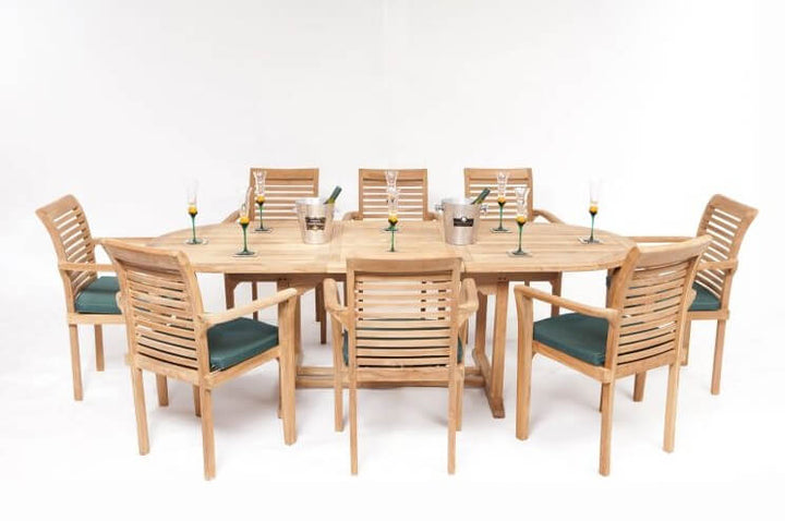 teak Wooden outdoor dining set with chairs and table on a white background