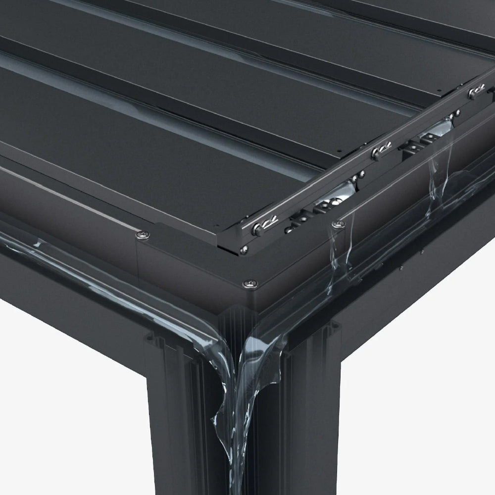 image of a roof corner of a Nova Titan pergola, showing how the rain wall falls into the leg post drainage system.