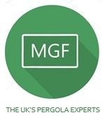 Midland garden Furniture logo, round with 2 shades of green with MGF in the centre and The UK's Pergola experts at the bottom