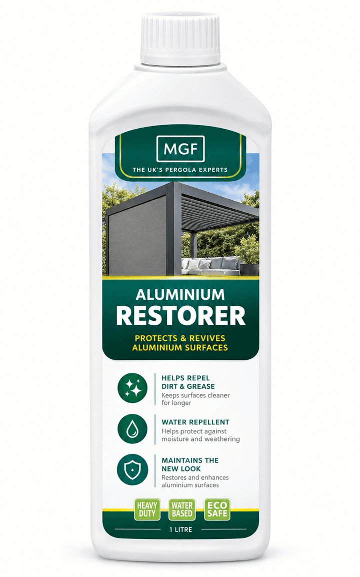MGF Aluminium Pergola Restorer in a white plastic bottle with a green and white label, designed for aluminium pergolas and outdoor surfaces.
