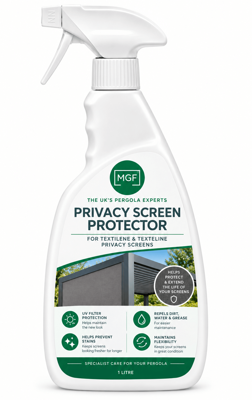 A white spray bottle of MGF Pergola Privacy Screen Protector for textile and textile line privacy screens, featuring green and black text and a small product demonstration graphic on the label.